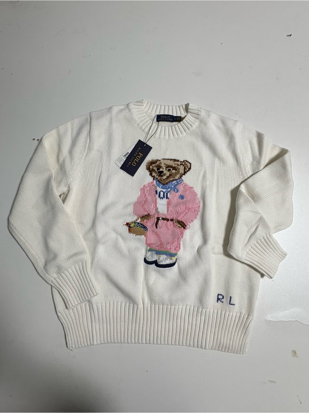 Polo by Ralph Lauren Cream Crewneck Sweater with Pink Teddy Bear Intarsia